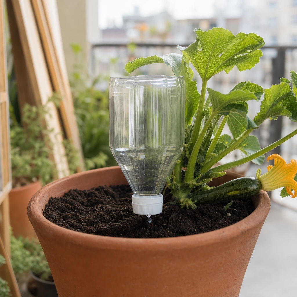 Bouteille plastique recyclée percée enfoncée dans un pot pour arrosage lent