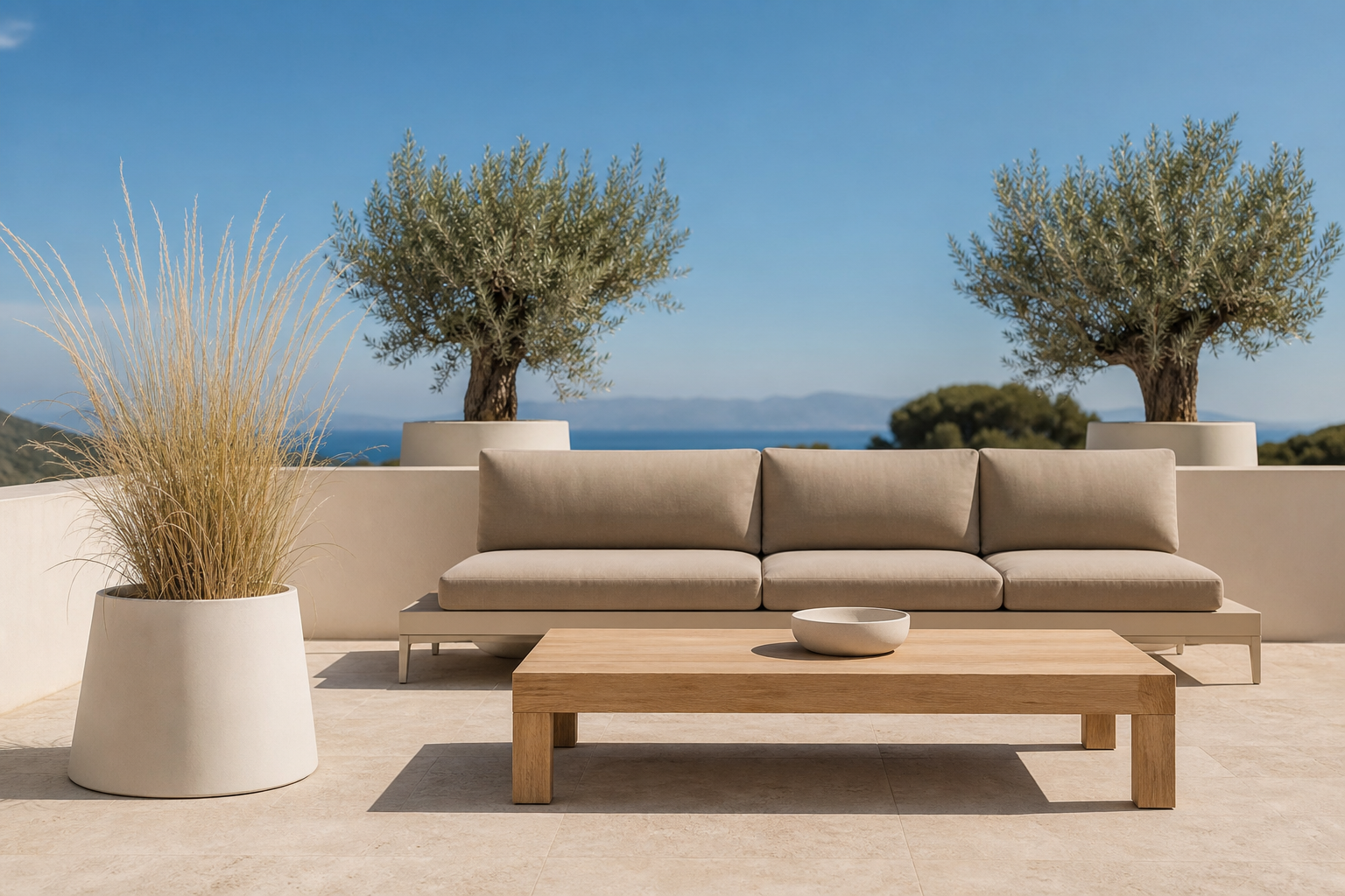 Terrasse minimaliste solaire en grès cérame travertin avec graminée stipa et oliviers en pot