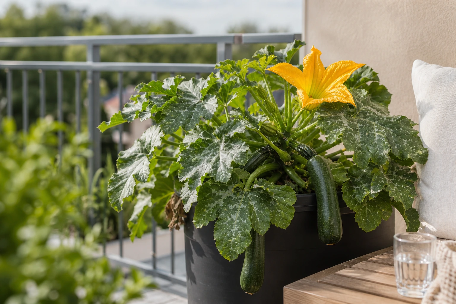 Plant de mini-courgette compacte en bac noir avec courgettes et fleur jaune