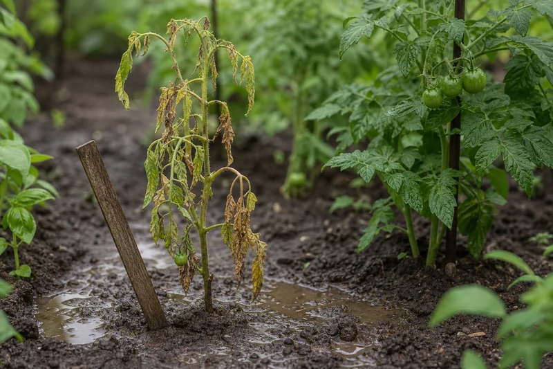 Plant de tomate flétri dans une terre détrempée, erreur de plantation