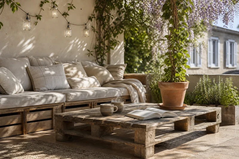 Salon d'extérieur complet en récup' réuni sur une terrasse française au petit matin
