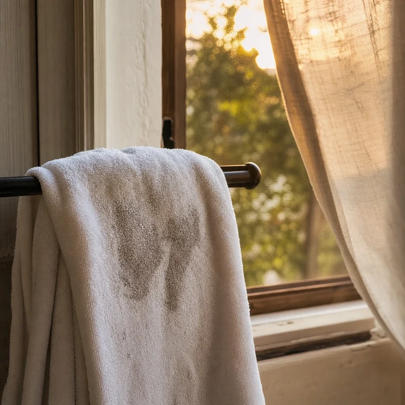 Serviette mouillée suspendue devant une fenêtre ouverte le soir