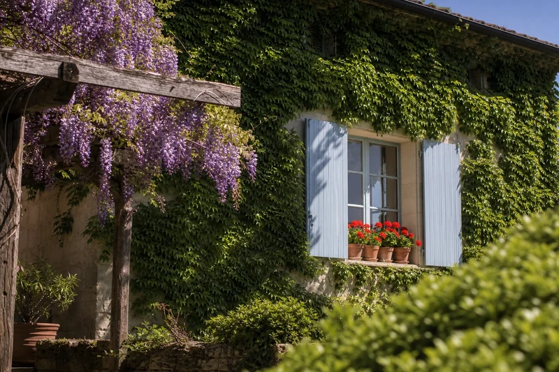 Façade ombragée par une vigne vierge et une pergola pour rafraîchir naturellement la maison