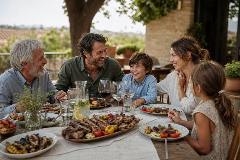 Repas de famille en terrasse pour la Fête des Pères, trois générations réunies autour d'un barbecue