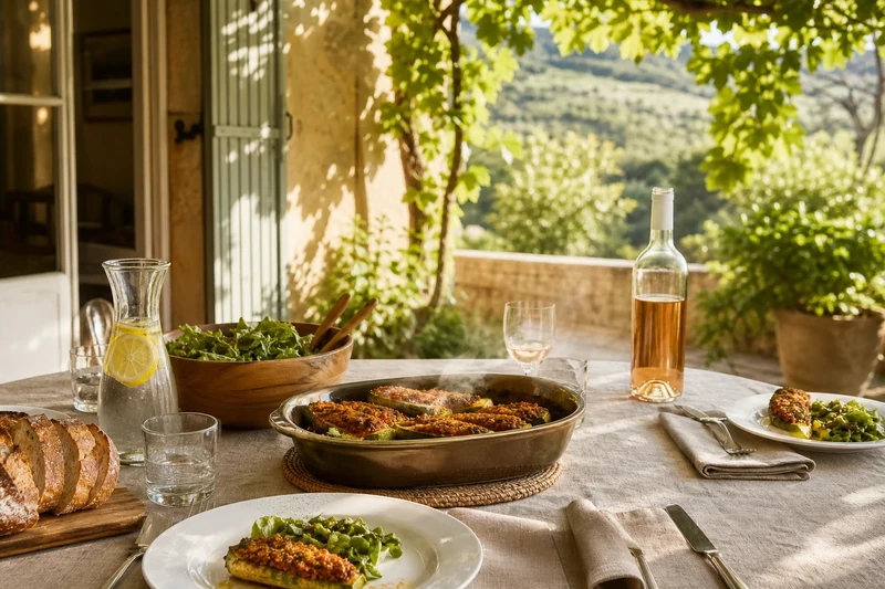 Table dressée à l'extérieur avec courgettes farcies, salade et pain pour un déjeuner d'été