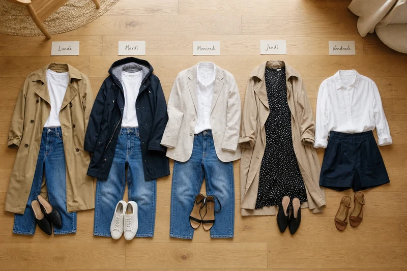Cinq tenues mises à plat pour la semaine, du lundi au vendredi, capsule transition pluie-chaleur