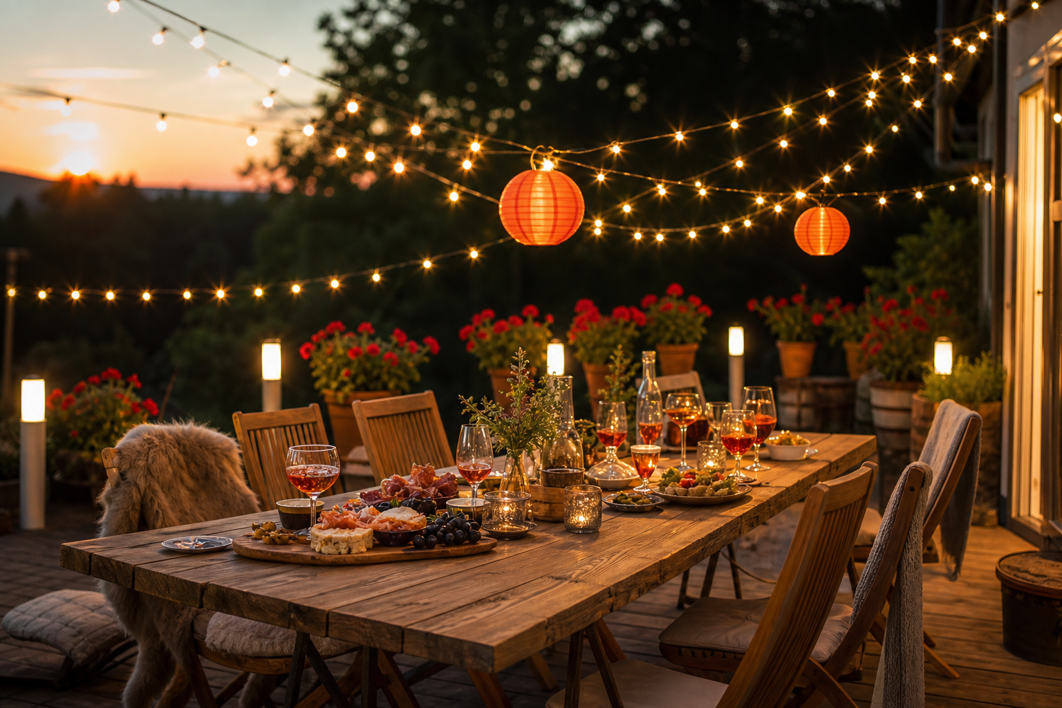 Terrasse festive avec guirlandes croisées et lampions solaires