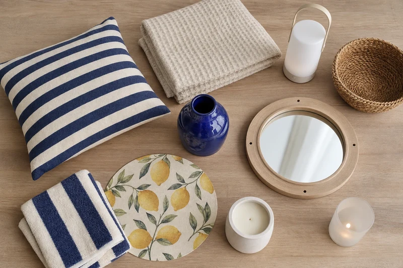 Sélection shopping Preppy Riviera : dix pièces déco étalées vues de dessus sur fond bois clair