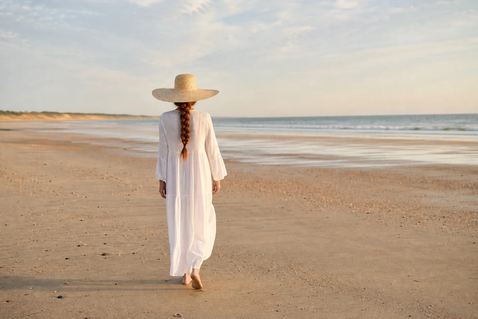 Femme aux cheveux tressés sous chapeau à large bord sur une plage atlantique française