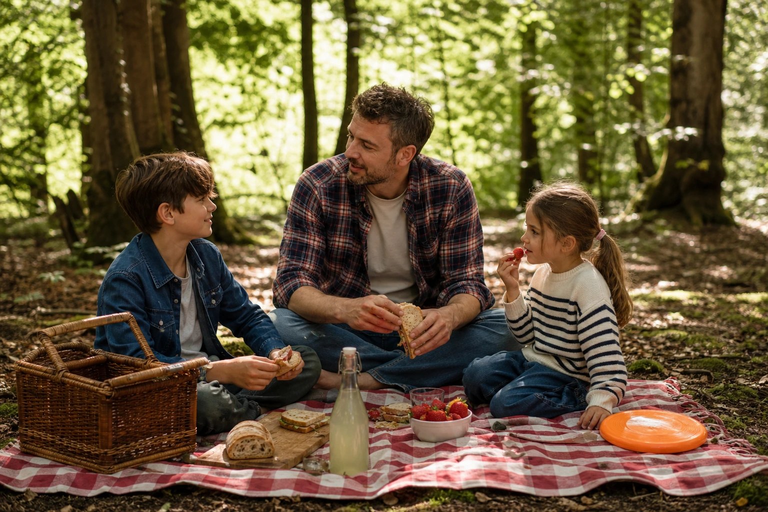Pique-nique en forêt entre un papa et ses deux enfants pour la fête des pères