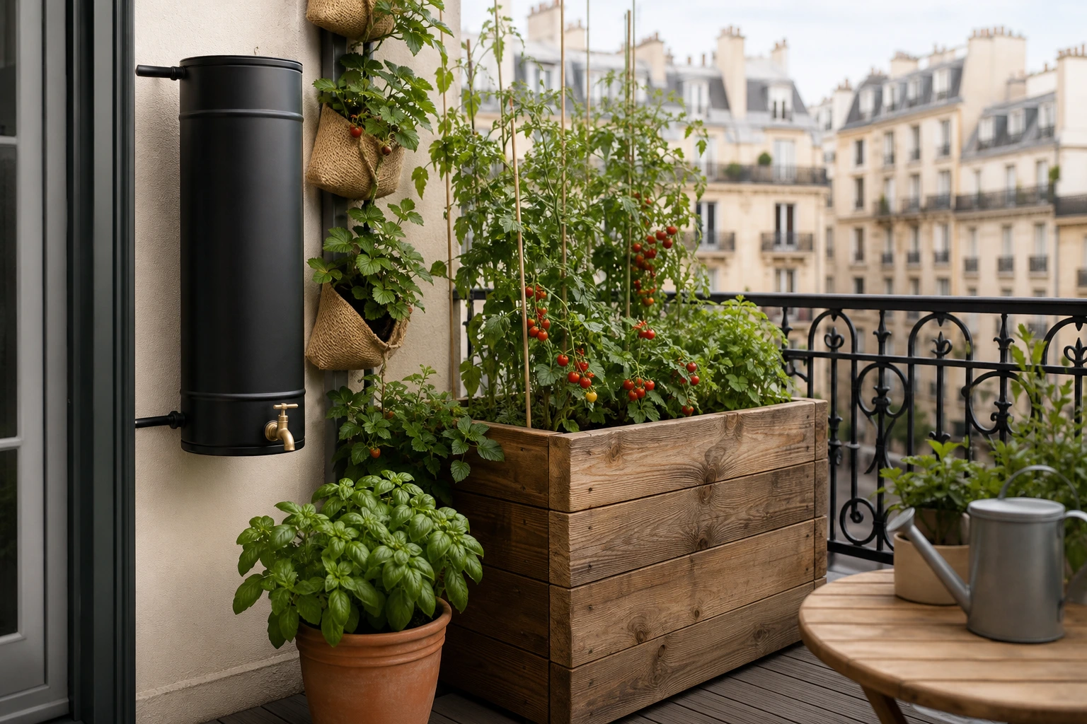 Carré potager surélevé en bois sur un balcon urbain parisien
