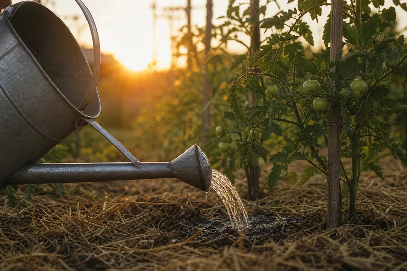 Arrosage du soir au pied de plants de tomates tuteurés et paillés au potager