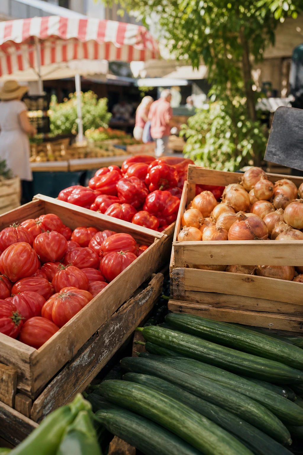 Étal de marché français en juin avec tomates cœur-de-bœuf, concombres, poivrons et oignons doux
