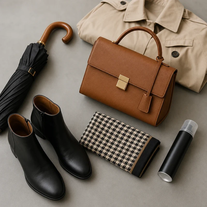 Accessoires anti-pluie : parapluie, sac camel, bottines, foulard et spray