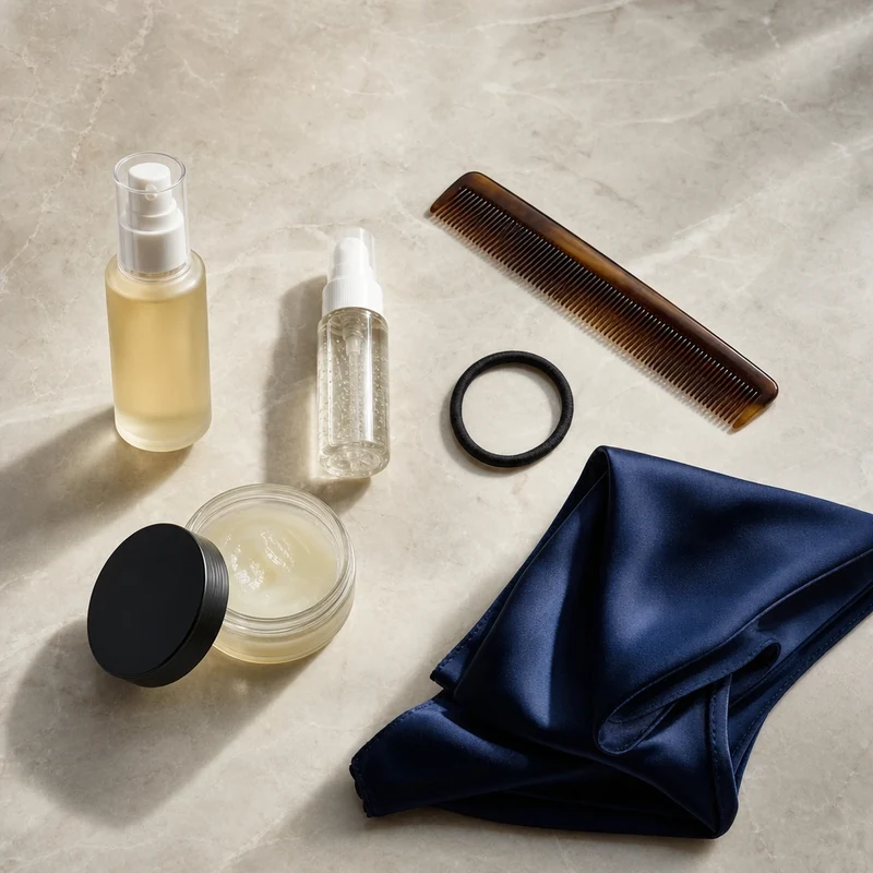 Kit anti-humidité à glisser dans son sac : sérum, laque, peigne, élastique, pommade, foulard soie