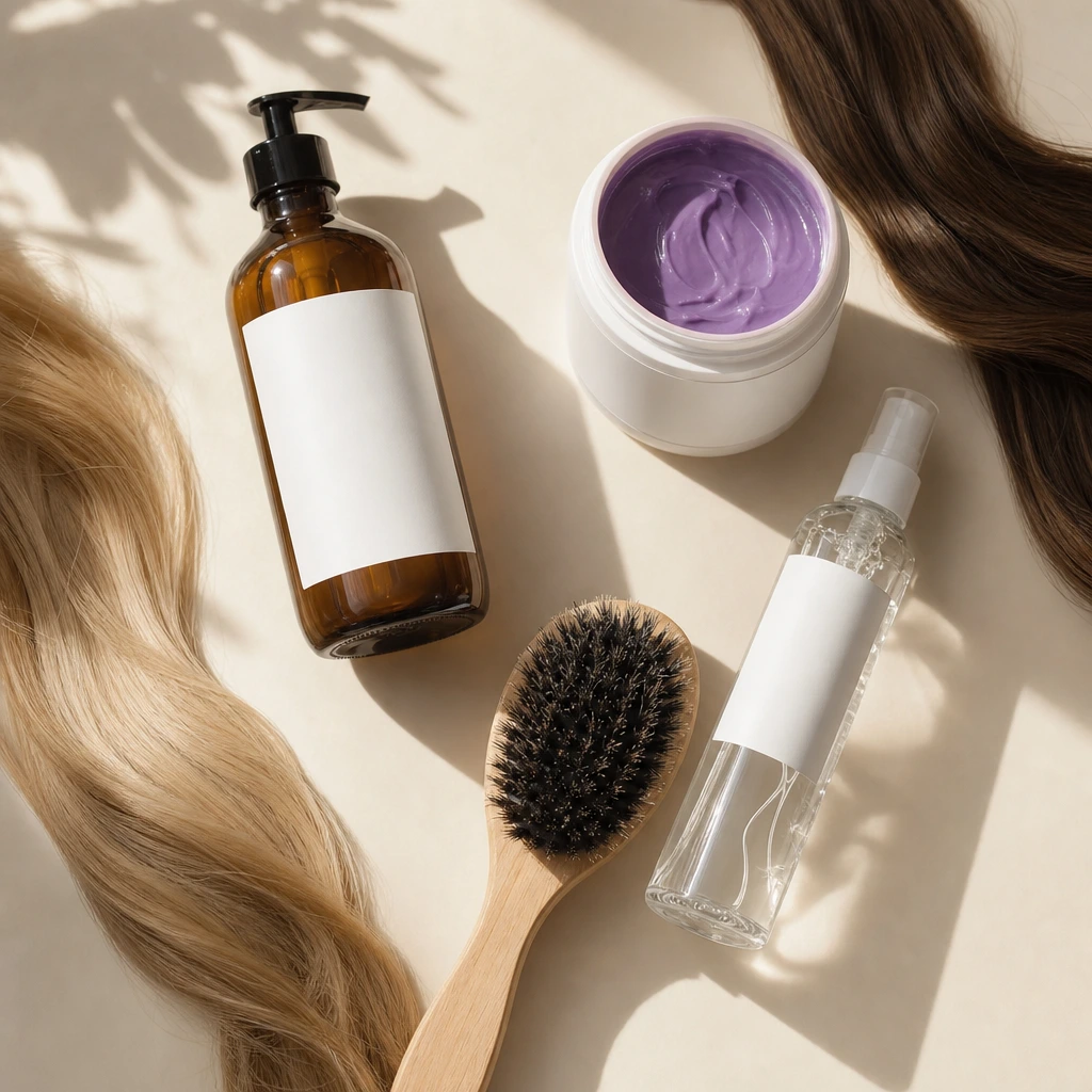 Routine entretien d'une coloration tendance : shampooing doux, masque pigmentant, spray UV