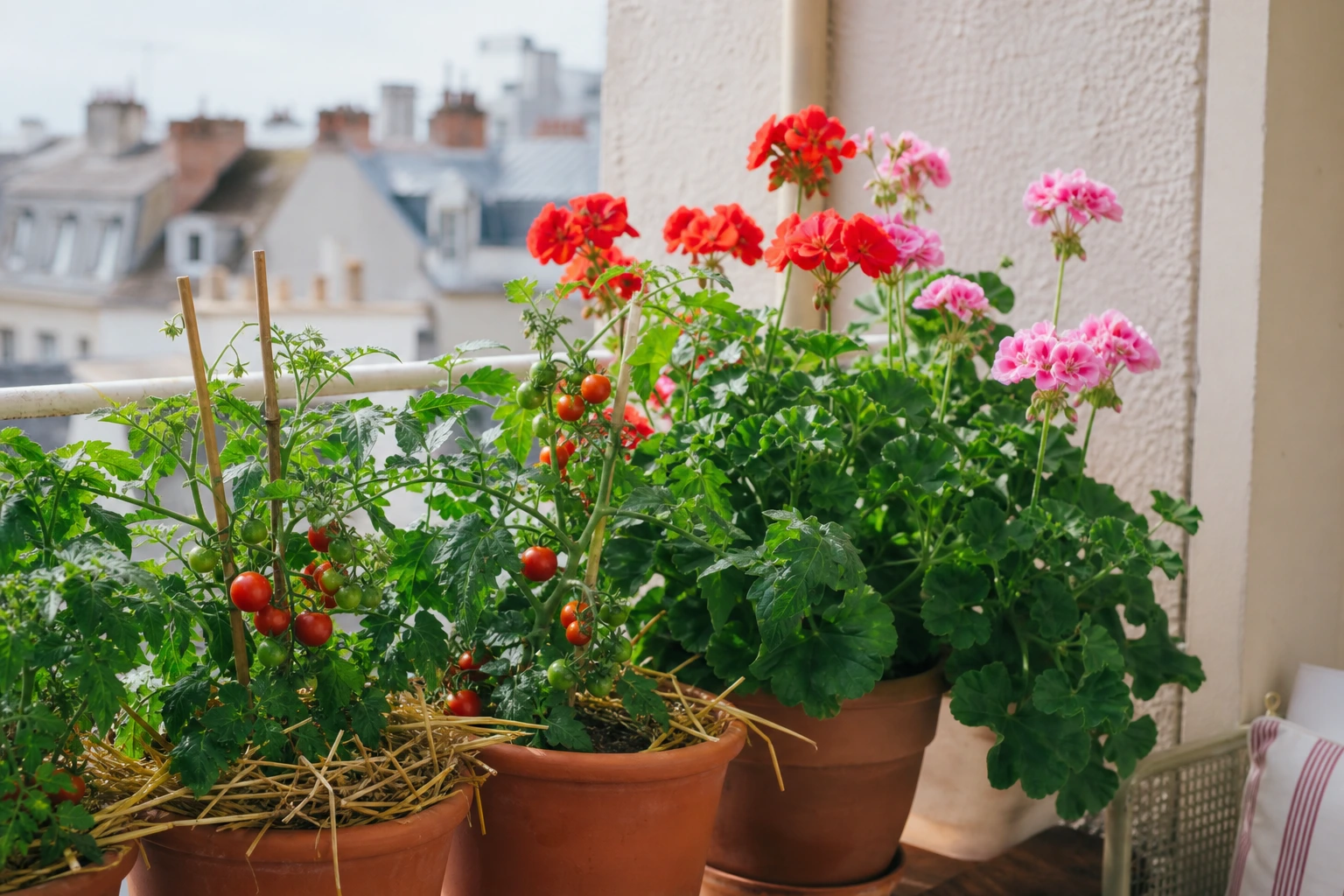 Plants de tomates et géraniums redressés et vigoureux le lendemain d'un protocole canicule