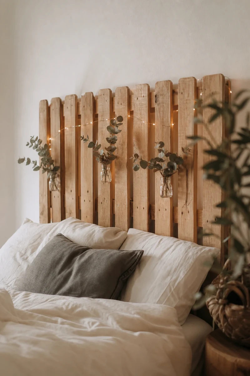 Tête de lit DIY en palette verticale ornée d'une guirlande LED et de brins d'eucalyptus séché