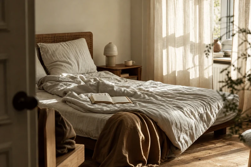 Lit défait au petit matin après une nuit de sommeil réparateur malgré la chaleur