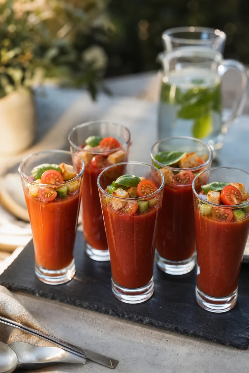 Verrines de gaspacho aux tomates cerises servies en apéritif estival