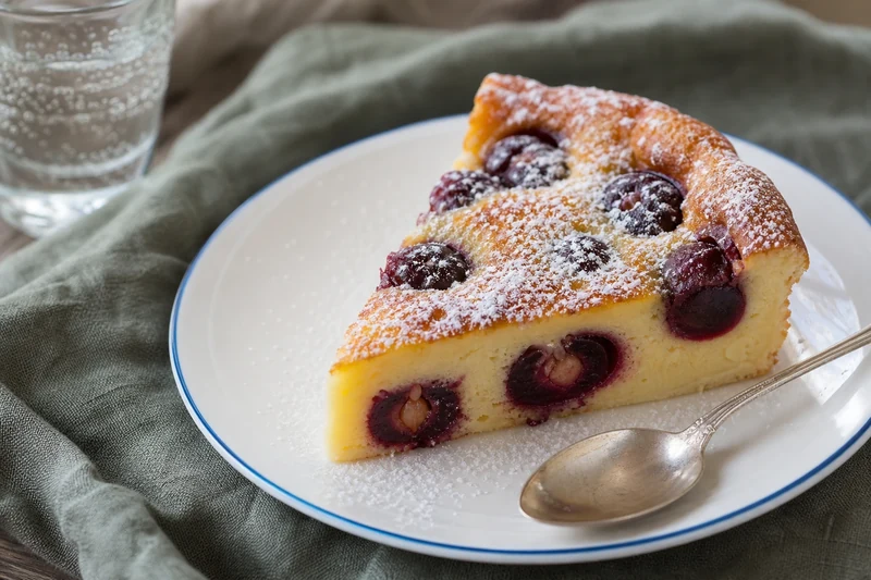 Part de clafoutis aux cerises coupée montrant la texture moelleuse et les cerises avec noyaux