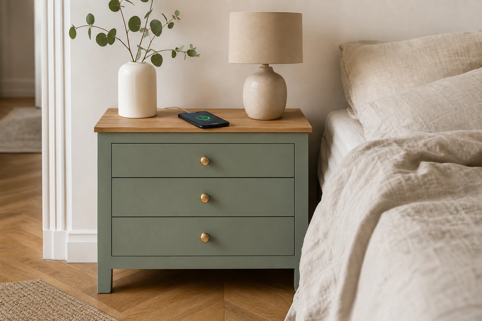 Commode brocante relookée vert sauge avec iPhone en charge sans fil dans une chambre lumineuse