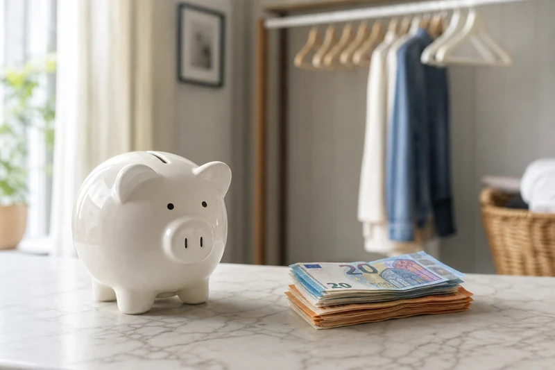 Billets en euros et tirelire à côté d'un dressing allégé après revente de vêtements