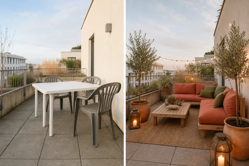 Avant-après transformation d'une terrasse : du mobilier plastique blanc au salon outdoor en teck et lin terracotta