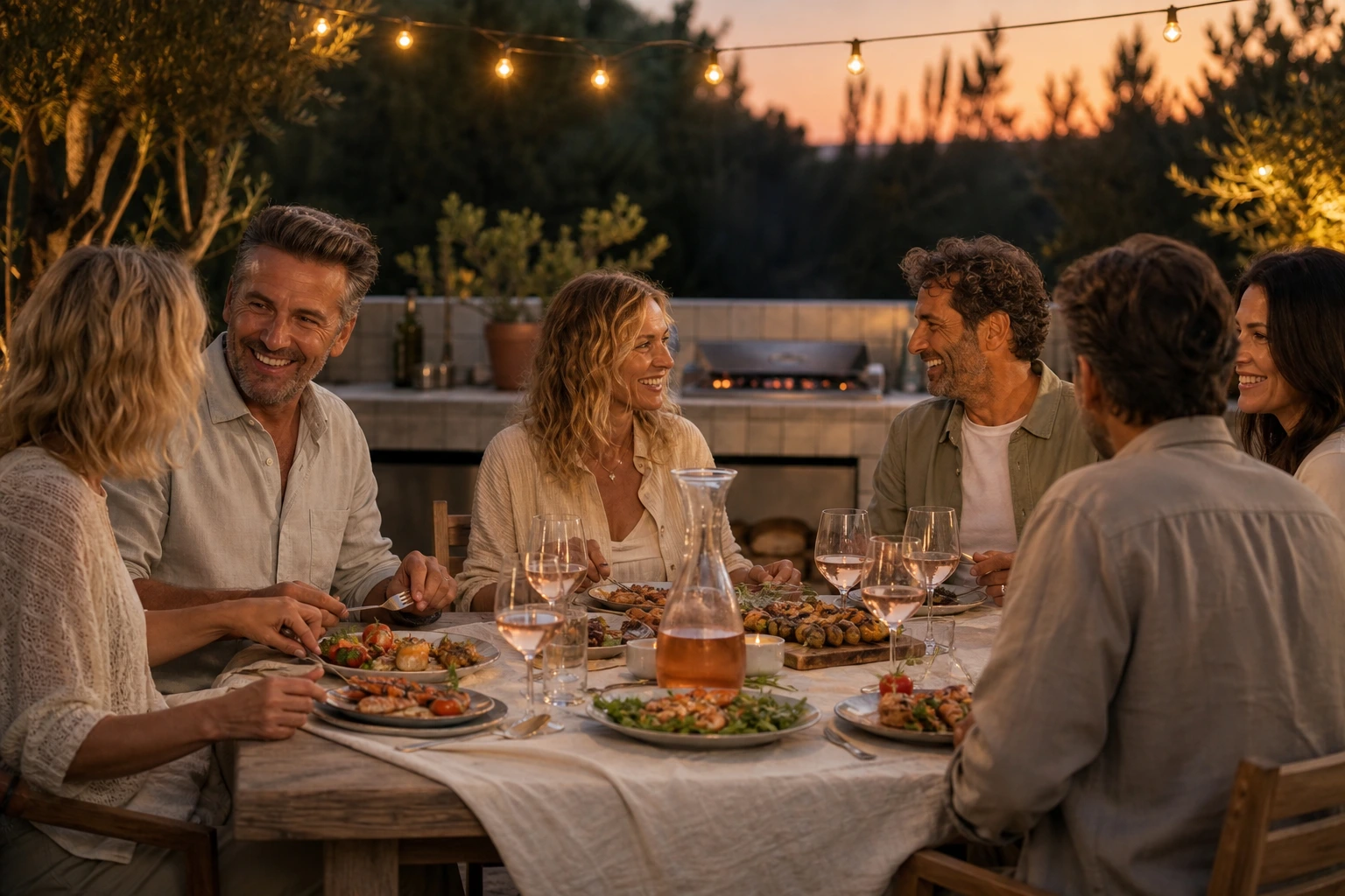 Repas convivial au crépuscule sur terrasse aménagée avec gambas, brochettes et légumes grillés à la plancha
