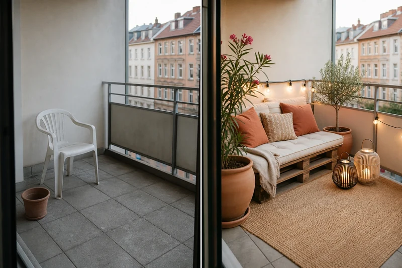 Comparatif avant après transformation d'un balcon urbain avec palette, terracotta et lanternes
