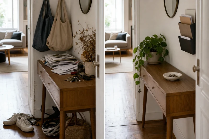 Comparaison avant-après d'une entrée d'appartement après quatre semaines de désencombrement progressif