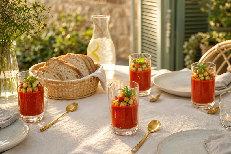 Verrines de gaspacho de tomates cerises dressées sur une table d'été avec garnitures, pain et carafe