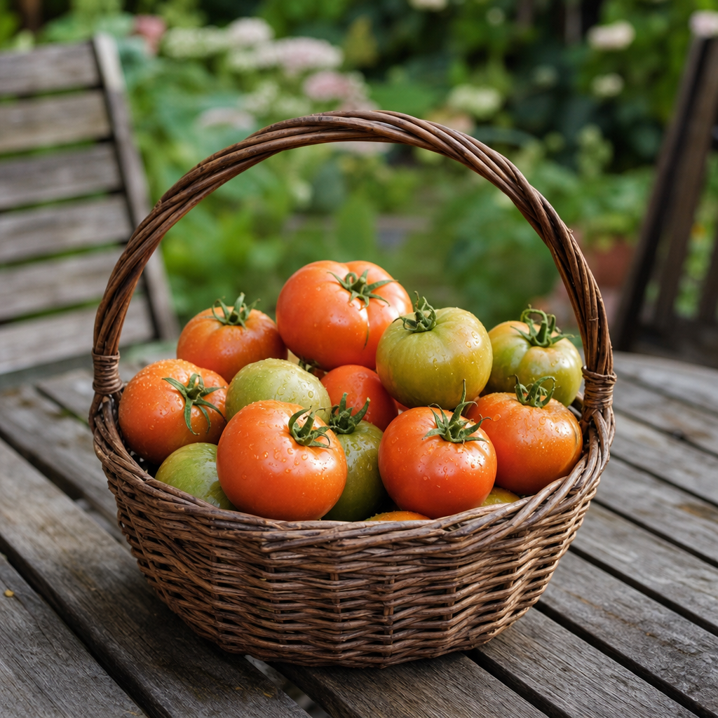 Panier en osier de tomates récoltées à maturité avancée avant un orage