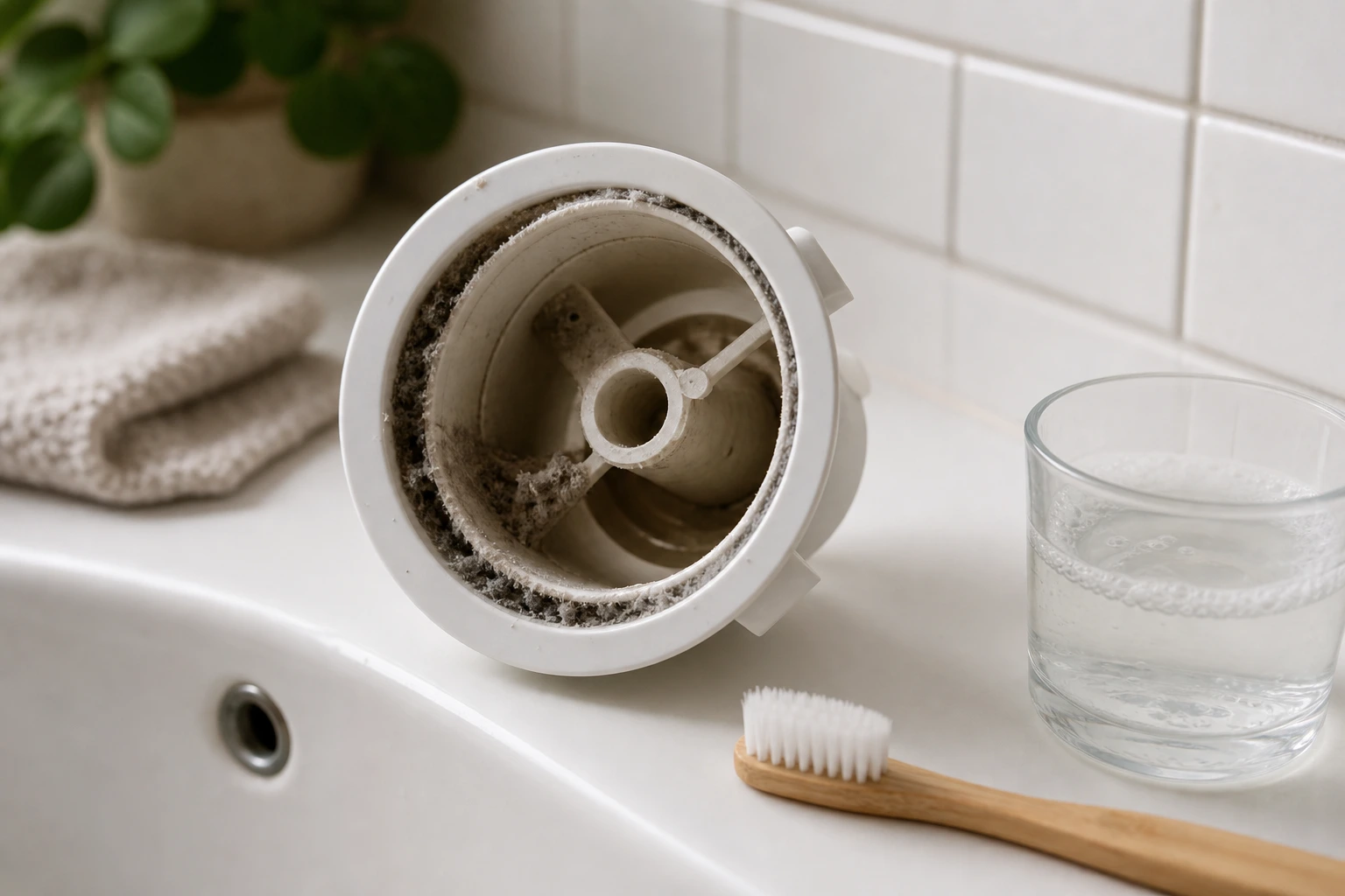 Bouche de VMC démontée et nettoyée à la main dans une salle de bain