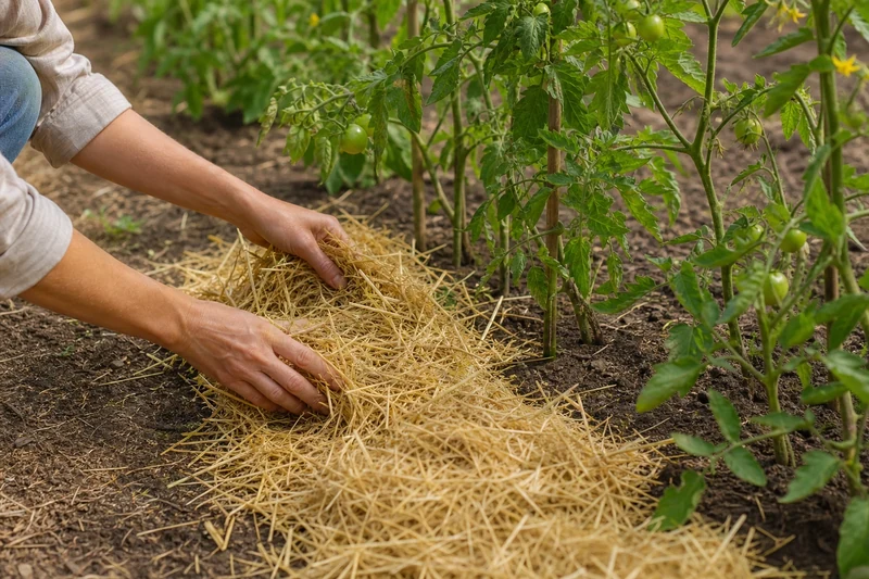 Reconstitution d'un paillage de paille blonde au pied des tomates après les pluies