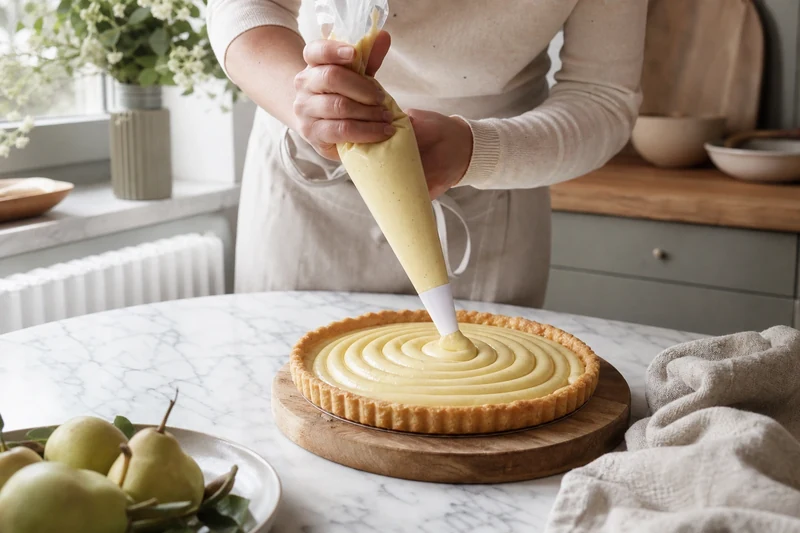 Pochage de la crème pâtissière vanille à la poche à douille sur le fond de tarte sablée