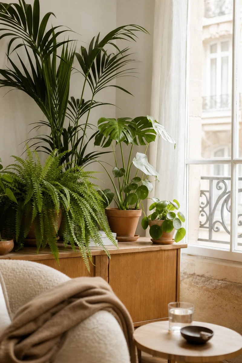 Plantes d'intérieur regroupées près d'une fenêtre pour humidifier et rafraîchir l'air