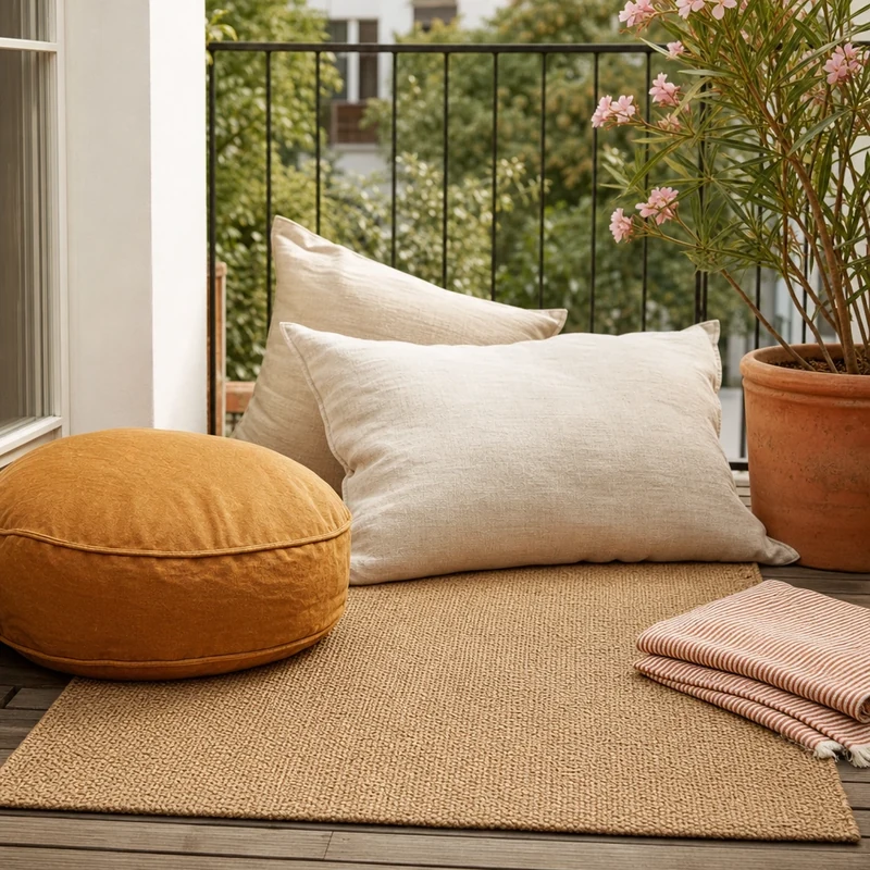 Tapis outdoor sable et coussins lin transformant un petit balcon en coin salon cosy