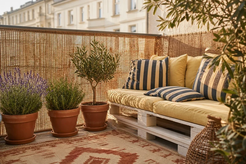 Brise-vue en cannage de rotin avec banc en palettes coussins jaune beurre et jardinières en terre cuite