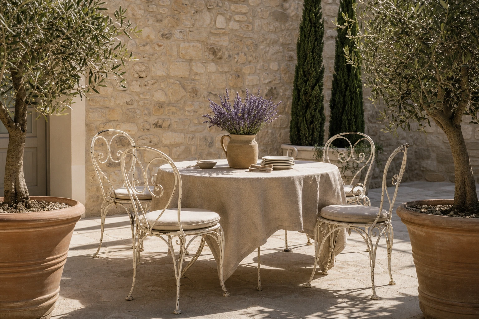 Terrasse provençale épurée avec table en fer forgé blanc, lavande, oliviers en pot et cyprès