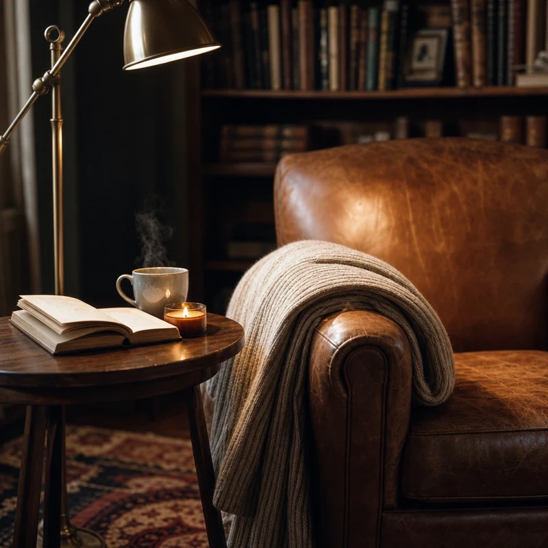 Coin lecture fauteuil cuir cognac cadeau cocooning pour papa lecteur