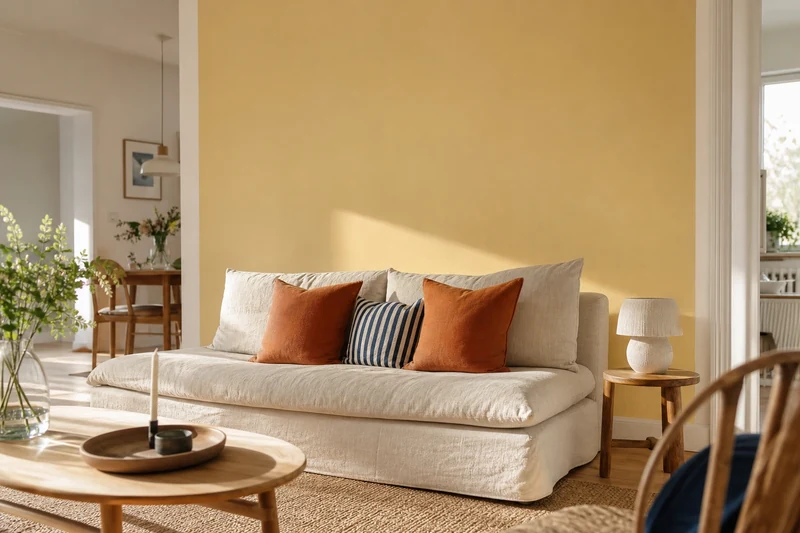 Mur d'accent jaune beurre dans un salon contemporain