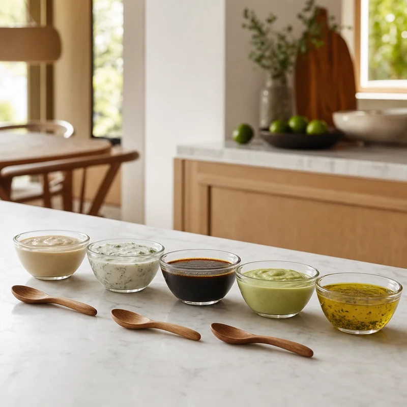 Cinq sauces maison pour buddha bowl alignées en ramequins