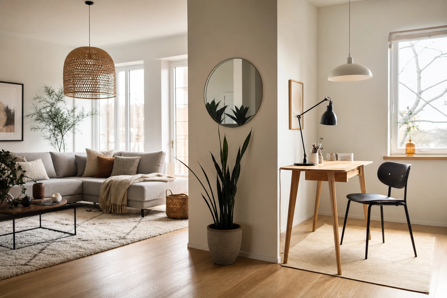 Zoning visuel par tapis et suspensions distinctes dans une pièce unique