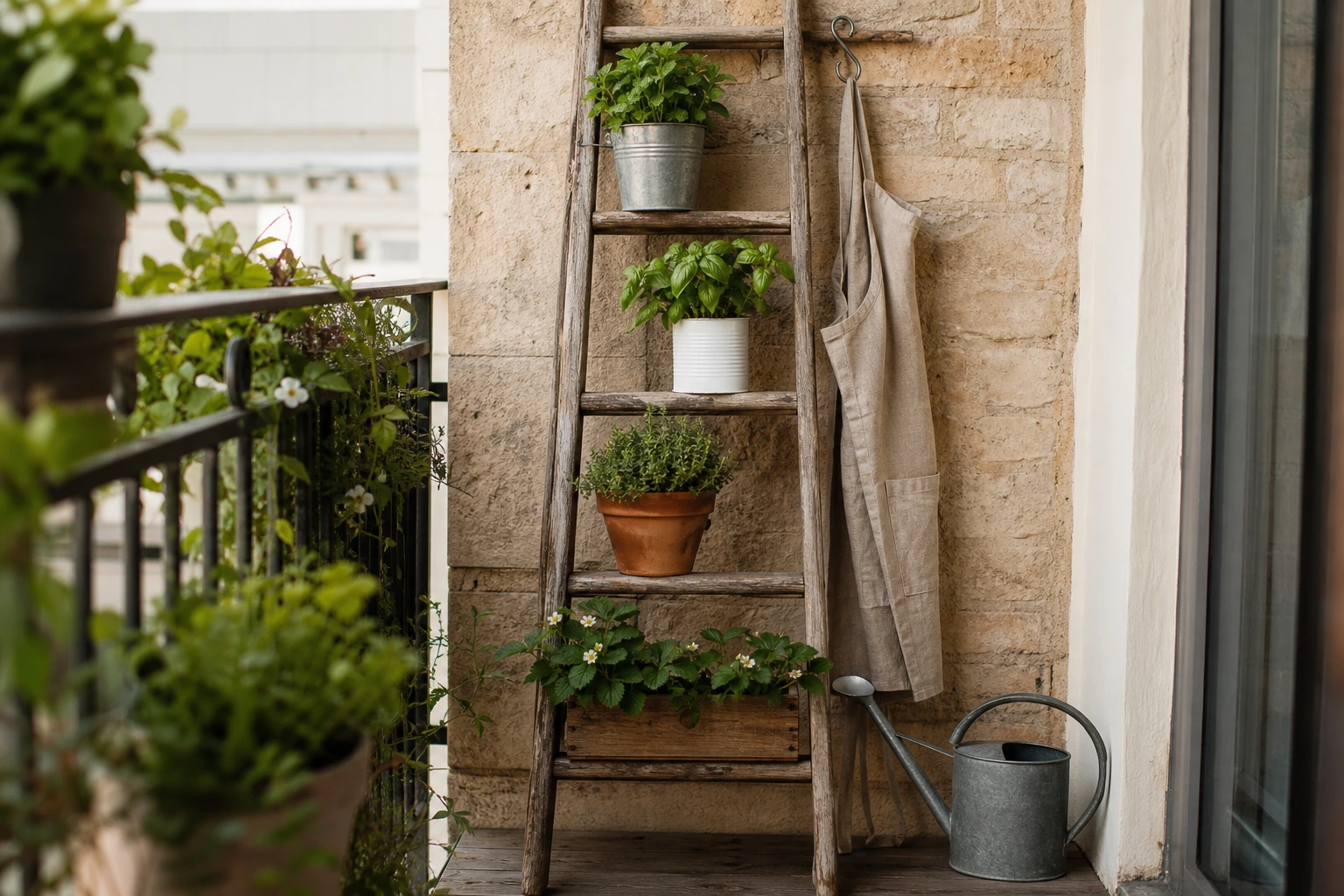 Échelle en bois détournée en porte-pots récup' sur balcon : aromatiques en contenants variés