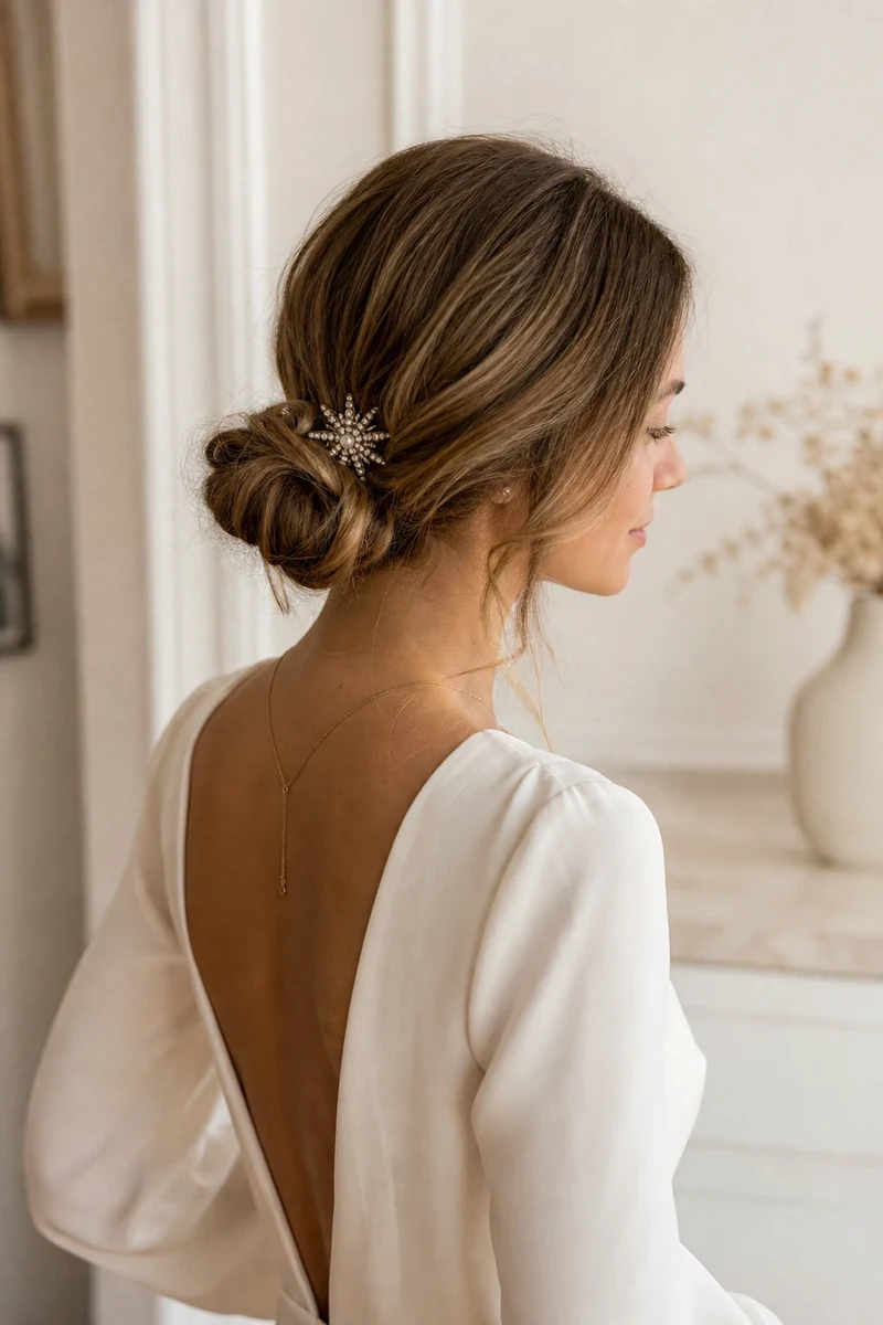 Chignon bas orné d'une broche perles et strass argentés en bijou de tête