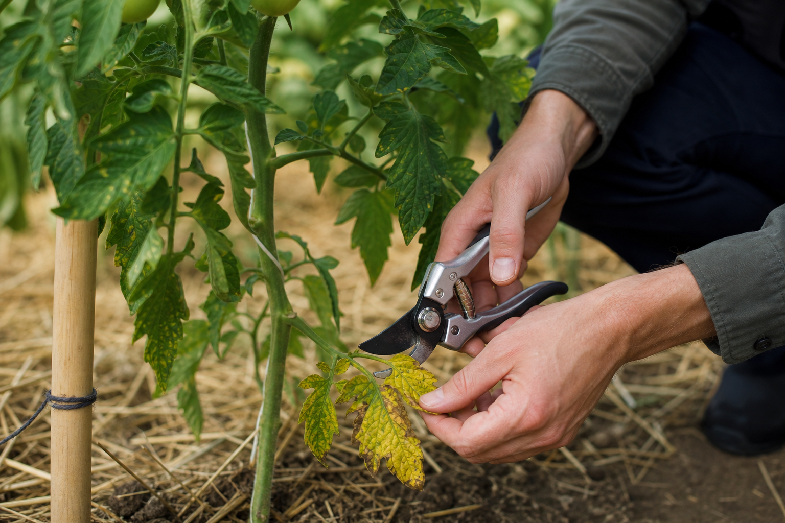 Effeuillage des feuilles basses d'un pied de tomate pour éloigner les éclaboussures du sol