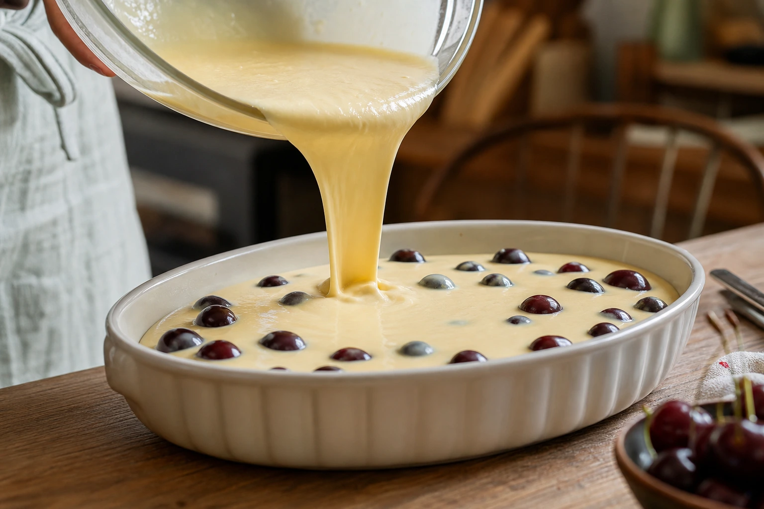 Versement de la pâte à clafoutis sur les cerises dans le plat à gratin