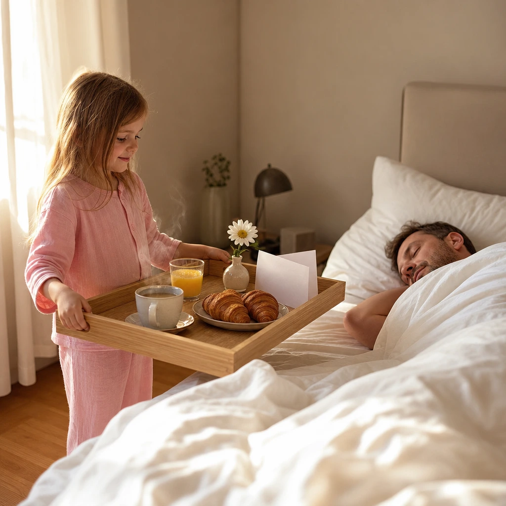 Petit-déjeuner servi au lit par une enfant pour la fête des pères, plateau avec café, croissants et marguerite