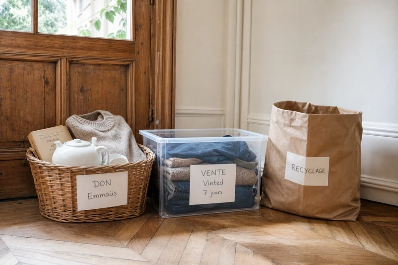 Trois contenants étiquetés don, vente et recyclage installés près de la porte d'entrée